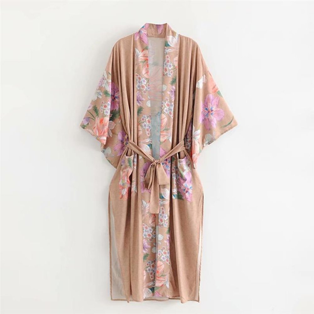 Boho Gypsy Tan Floral Peacock Kimono Cover up Duster - Picture 6 of 8